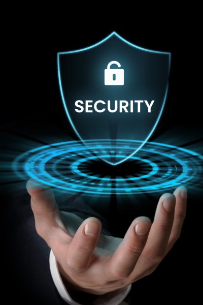 Businessman holding digital security icon in the hand, internet security concept.